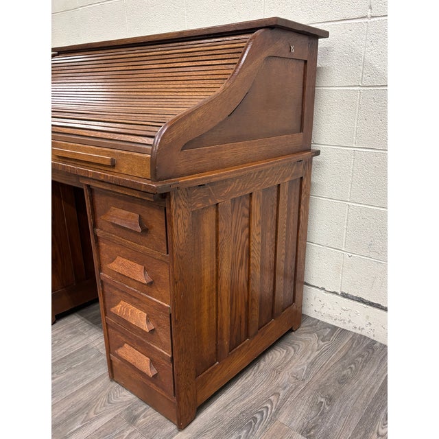 Wood Antique American Mission Arts and Crafts Quarter Sawn White Oak Roll Top Desk For Sale - Image 7 of 14