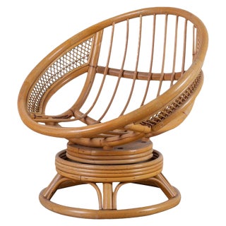 Midcentury Bamboo Rattan Wicker Round Swivel Lounge Chair For Sale