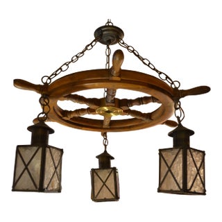 Vintage Nautical Style Ship Wheel With Lanterns Chandelier For Sale