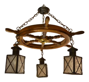 Vintage Nautical Style Ship Wheel With Lanterns Chandelier