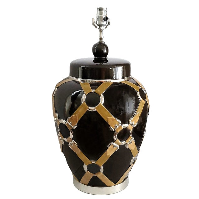 Offering a monumental Gucci inspired black, brown and chrome glazed ceramic table lamp with stylized brown faux leather...