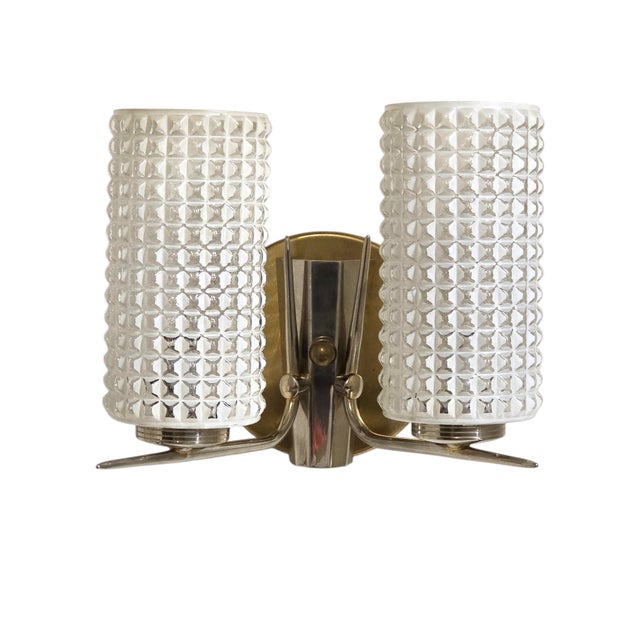 Vintage Enameled Glass, Brass & Nickel Two Light Wall Sconces - Set of Three For Sale - Image 10 of 17