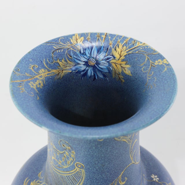Ceramic Vintage Hand-Painted Chinoiserie Vase With Blue Polychrome Flowers and Gilt Bird For Sale - Image 7 of 14
