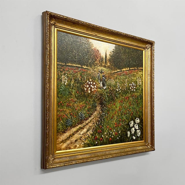 Italian modern oil painting with gold wooden frame by Paolo Turri, 1990s Oil painting with a rectangular gold-colored...