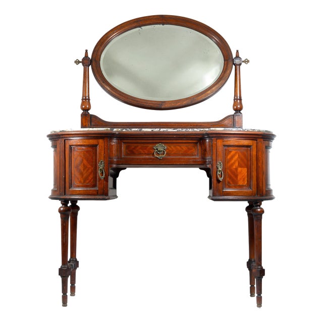 20th Century Walnut Vanity Dressing Table with Tilting Mirror and Arabescato Marble Top, 1890s For Sale