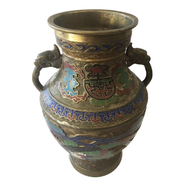 Vintage Japanese Phoenix & Dragon Champleve Enamel Dragons Vase 12" H For Sale - Image 10 of 10