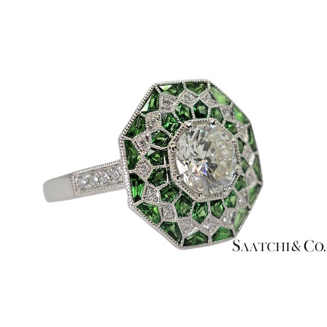Gia Certified - Natural Tsavorite & Diamond Platinum (950) Ring, Size 6.5 For Sale - Image 4 of 8