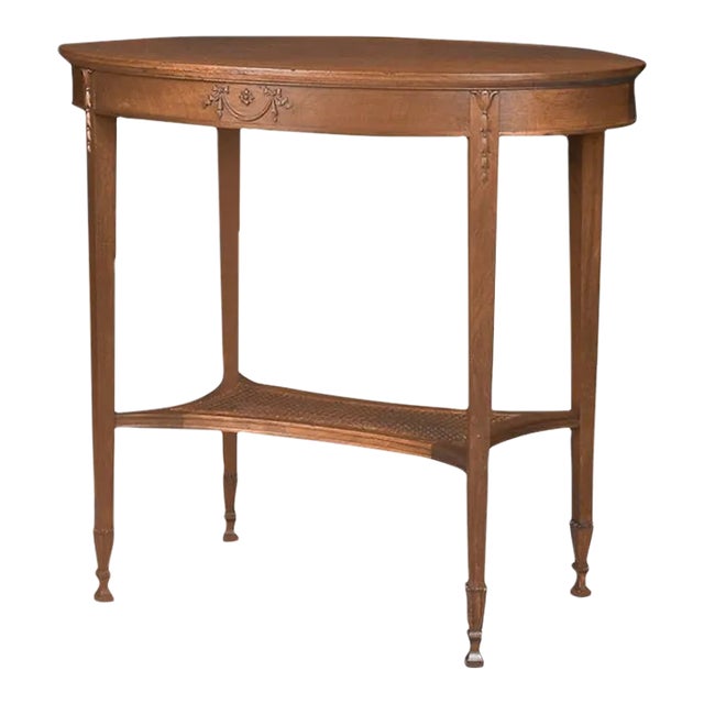 Early 20th Century Antique English Hepplewhite Carved Bellflower Mahogany Caned Oval Side Table For Sale