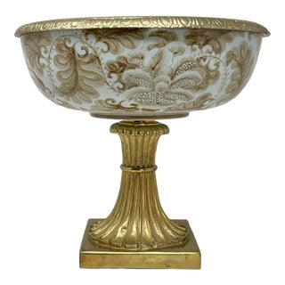 Maitland-Smith Vintage Porcelain & Brass Pedestal Bowl Jardiniere For Sale