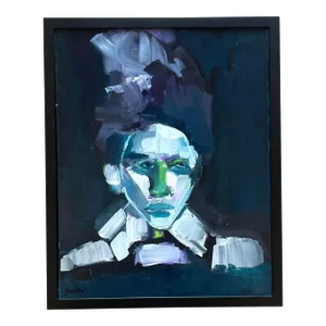 Vintage Early 21st Century Abstract Portrait in Blues-Framed and Signed