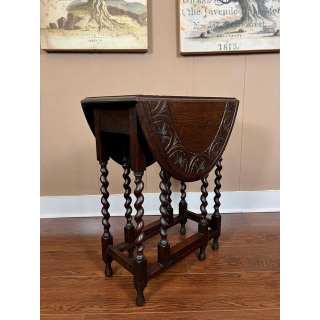 Petite Antique English Side Sofa Table Barley Twist Drop Leaf Gateleg Carved Oak For Sale - Image 4 of 18