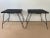 Pair of MCM Atomic Black Metal Mesh Stackable Patio Garden Side Tables with Flare Legs. In the style of Russell Woodard,...
