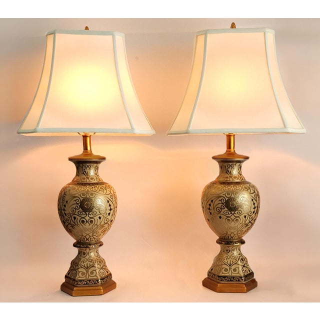 Wood Vintage Hand Painted Ceramic Moorish Table Lamps Restored - A Pair For Sale - Image 7 of 14