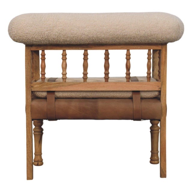 Brown Bouclé and Leather Upholstered Bench With Spindle Back For Sale - Image 8 of 8