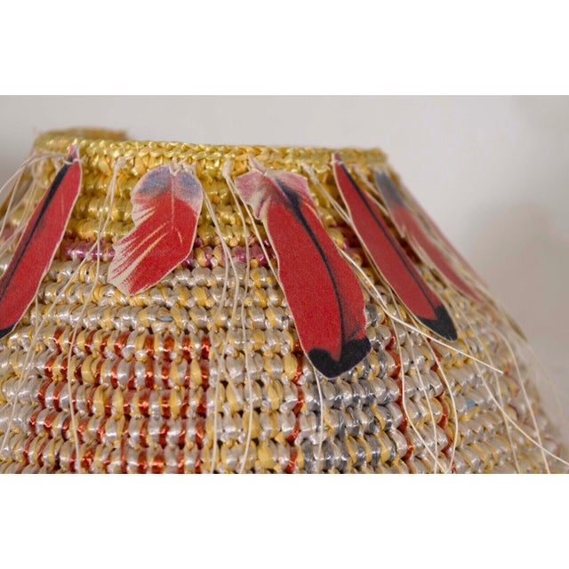 1990s Katherine Westphal Big Sky Signed Raffia Woven Basket w/ Feather Accents 1994 For Sale - Image 5 of 10