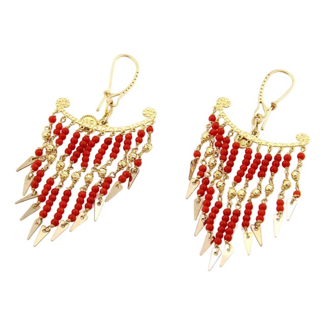 Multi Coral Bead Strand 18k Yellow Gold Chandelier Earrings For Sale