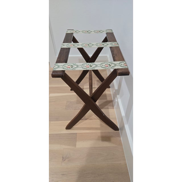 Mid-Century Modern Vintage Wood Folding Luggage Stand W/Decorative Woven Tapestry Straps For Sale - Image 3 of 7