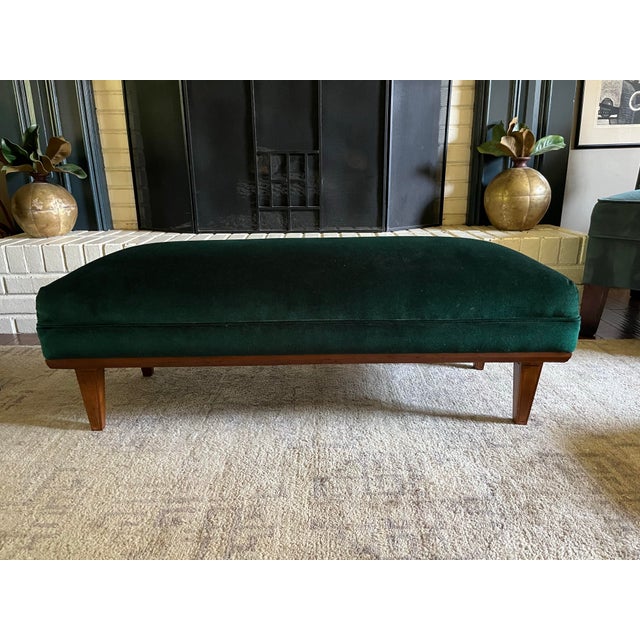 Mid 20th Century Vintage Mid-Century Modern Emerald Green Velvet Upholstered Walnut Bench For Sale - Image 5 of 6