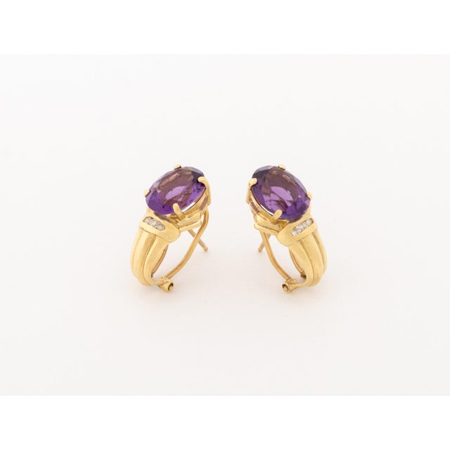 14k Yellow Gold Amethyst and Diamond Hoop Earrings For Sale - Image 4 of 7