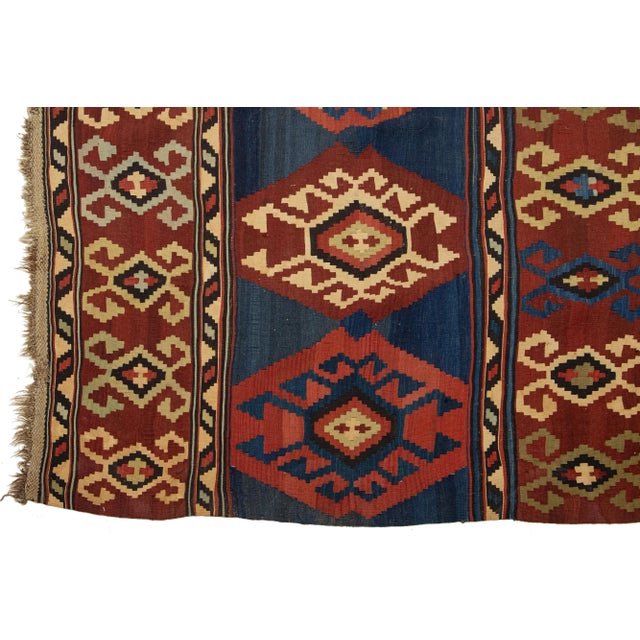 Textile Handmade Vintage Turkish Kilim Wool Rug Allover Geometric in Blue and Red For Sale - Image 7 of 9