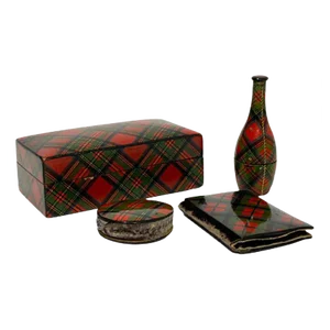 19th Century Scottish Sewing Set of Tartan Ware, Set of 4