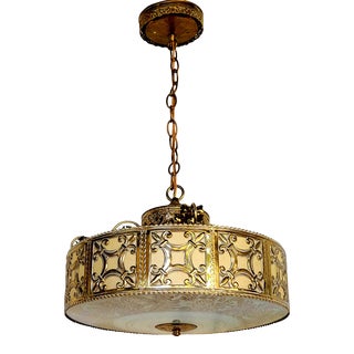 Mid Century 4-Light Brass Tile Drum Chandelier For Sale