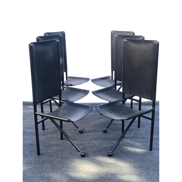 1970s Vintage Tripod Black Leather and Black Metal Side Chairs, Set of 6 For Sale - Image 5 of 6