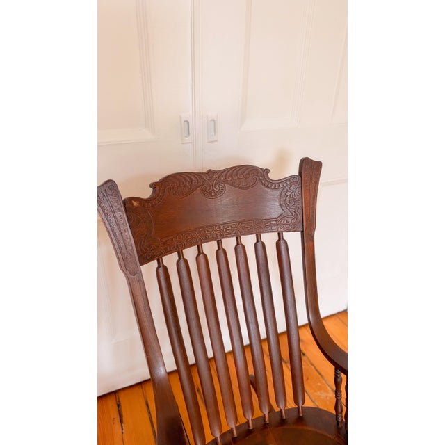Victorian Pressback Oak Rocking Chair With Carved Crest & Turned Spindles For Sale - Image 4 of 6
