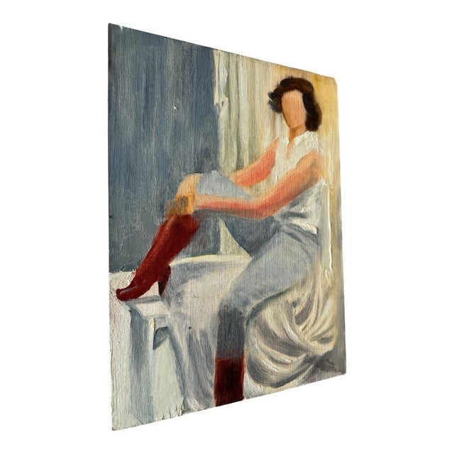 Figurative Vintage Impressionist Oil Painting of Seated Woman in Burgundy Boots, Unsigned Figurative Portrait, For Sale - Image 3 of 6