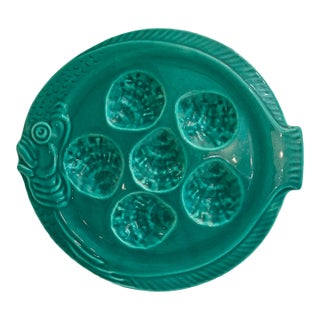 Vintage French Turquoise Fish Shaped Oyster Plate For Sale