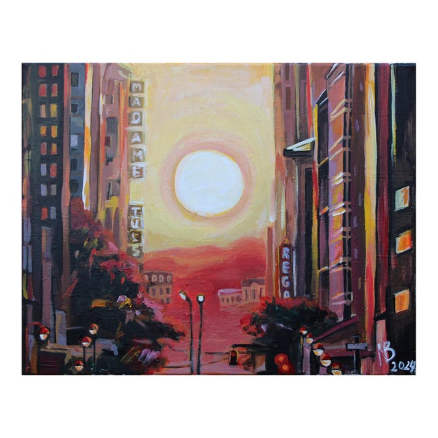 "Madame Tussauds Manhattanhenge Is Summer Sunset" Acrylic Painting by Natalia Bessonova For Sale