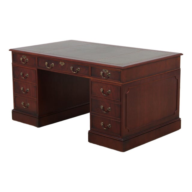 English Mahogany 3 Panel Leather Top Executive Desk For Sale