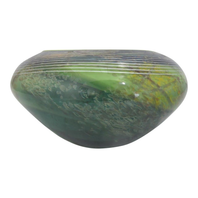 Suzanne Kindland Handblown Icefire Studio Art Glass Green Blue Bowl Vase For Sale