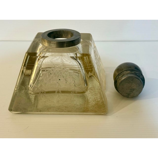 Antique Art Deco Frosted Glass Inkwell With Pewter Orb Lid For Sale - Image 11 of 12