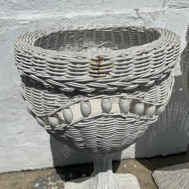 White 1970's Boho Wicker Standing Planters - A Pair For Sale - Image 8 of 8