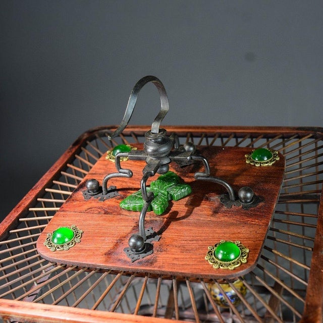 1990s Antique Rosewood Birdcage With Gemstone Inlay and Porcelain Feeders For Sale - Image 5 of 9