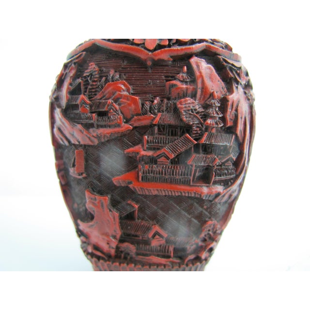 Early 20th Century Vintage Chinese Red Cinnabar Lacquerware Village Scene Snuff Bottle For Sale - Image 5 of 10