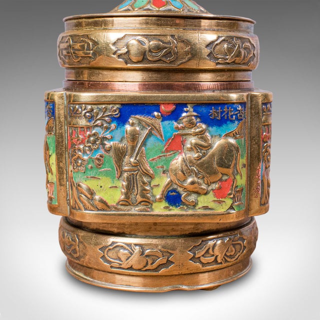 Pair of Small Antique Champleve Tea Caddies, Oriental Spice Pot, Edwardian, 1910 For Sale - Image 11 of 12