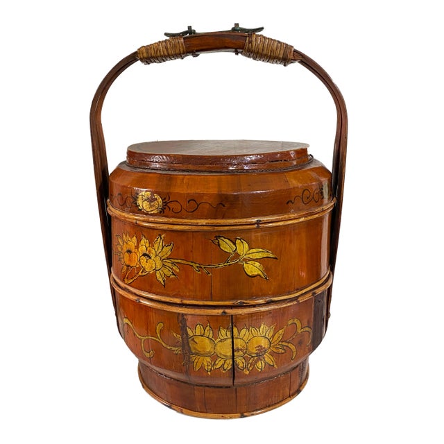 Chinese Antique Chinese Round Wedding Basket Two Tier 18” Tall For Sale - Image 3 of 8