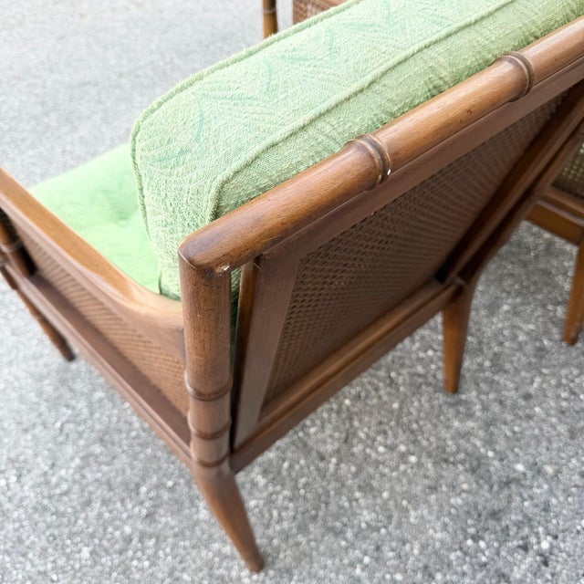 Vintage Hollywood Regency Faux Bamboo and Cane Green Tufted Lounge Chairs For Sale - Image 9 of 12