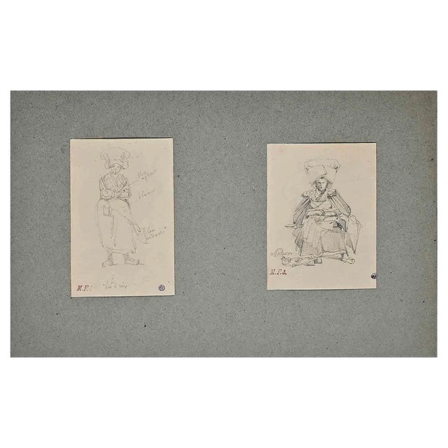 Léon Morel-Fatio, The Maid Portrait Diptych, 19th Century, Pencil on Paper For Sale