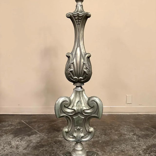 Platinum Pair Antique Solid Pewter Baroque Style Candlestick Floor Lamps For Sale - Image 8 of 13