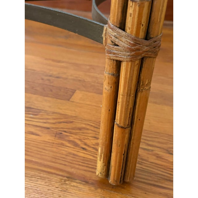 Wood Vintage Rattan and Bamboo Round Glass Top Dining Table in the Style of McGuire For Sale - Image 7 of 8