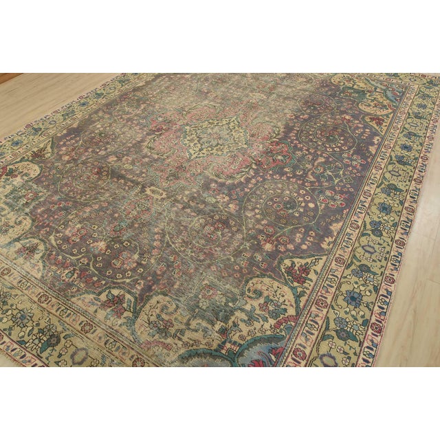 Farmhouse Tabriz Rug 9’5” X 12’3” Violet Wool Vintage Distressed Hand-Knotted Carpet For Sale - Image 3 of 15