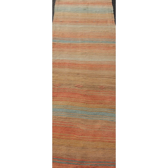 Mid 20th Century Vintage Turkish Kilim Runner With Stripes in Orange, Taupe, Tan, Cream & Blue For Sale - Image 5 of 11