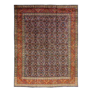 Blue and Orange Antique Wool Rug Persian Tabriz From 1920s With Allover Design For Sale