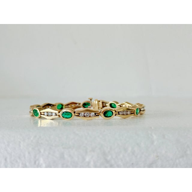 Vintage 14k Yellow Gold Emerald & Diamond Bar-Link Bracelet For Sale - Image 14 of 15