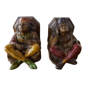 Pair of Mid 20th Century Italian Anri Polychrome Carving Minstrel Figural Wall Brackets