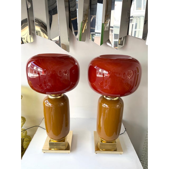 Contemporary Pair of Brass and Red Murano Glass Bulb Shade Lamps, Italy For Sale - Image 6 of 12