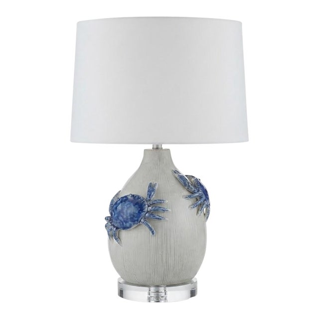 Vintage Italian Ceramic Table Lamp With Sculpted Blue Crabs on Acrylic Base For Sale